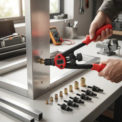 Using Heavy Duty Rivet Nut Tool Set 13 Inch Carbon Steel Kit With M3 M12 Mandrels on metal frame in workshop setting