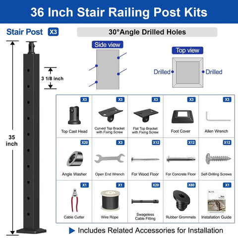 Adjustable Stair Cable Railing Post Kit For Twenty Five To Thirty Five Degree Angles, DIY Friendly Black Swageless System With Thirty Six Inch Posts, Includes Three Stair Posts And 200 Feet Of One Eighth Inch Stainless Cable No Handrail