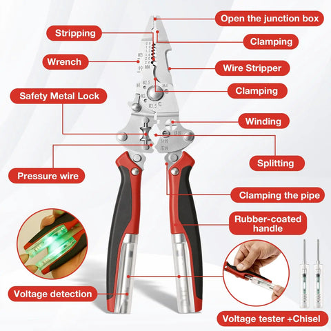 16 In 1 Folding Wire Stripper And Electrician Multi Tool Heavy Duty Pliers With Voltage Tester 12 To 250V For Quick Stripping And Cutting Crimping And Twisting On The Job Pocket Sized Everyday Carry Pro Grade, red and black handles
