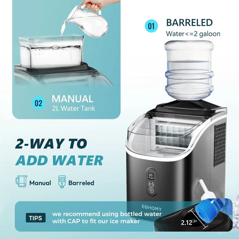 Countertop Ice Maker Machine With External Water Tank showing two water filling options: barreled and manual.