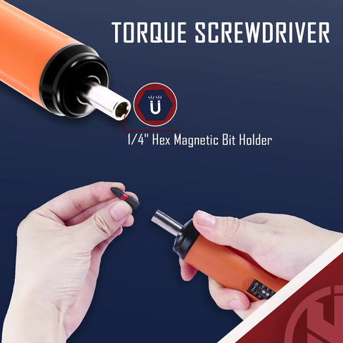 Torque Screwdriver And Driver Set For Maintenance And Bike Repair Ten To Seventy Inch Pounds Range T Bar Handle Forty Bits Including Phillips Pozidriv Slotted Hex Torx One Quarter Inch Socket Shaft Extension Orange showing 1/4 inch hex magnetic bit holder