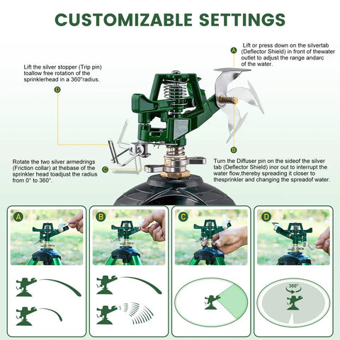 Heavy Duty Lawn Sprinkler On Tripod Base With 360 Degree Coverage Reaches 45 Feet At 80 PSI Flow Height Adjustable Extension Legs