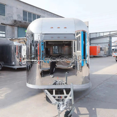 Fully Equipped Compact Concession Food Trailer Mobile Kitchen For Street Vending Hot Dog Coffee Cart Turnkey Setup exterior view with shiny steel finish