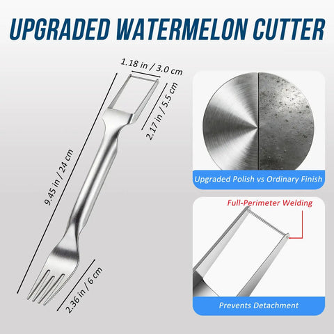 Diagram of 2 In 1 Watermelon Cutter And Serving Fork, Stainless steel, with measurements and details on polish and welding.