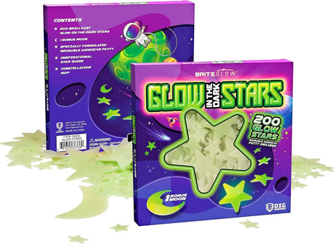 200 Pcs Glow In The Dark Stars With Moon 3D Wall Stickers Set For Kids Room Decor And Night Light Ceiling Space Theme Lit Night Sky Decals With Adhesive Putty Non Toxic Plastic, showing packaging front and back