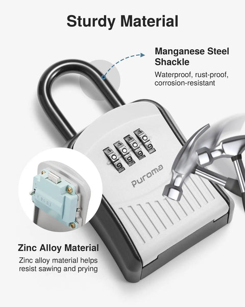 4-Digit Resettable Key Lock Box with Manganese Steel Shackle, showing sturdy material design, wall-mounted key safe, gray.