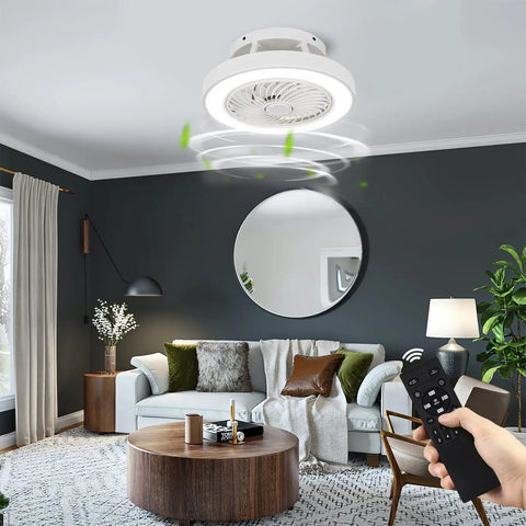 Room with 16 Inch Flush Mount Ceiling Fan With Lights Low Profile Enclosed White Ceiling Fan With Remote For Kitchen Bedroom Or Dining Room Ultra Quiet Copper Motor Modern Sleek Look And Energy Saving Design
