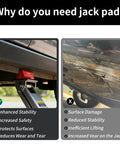 Red LIFSHP aluminum grooved magnetic jack pad on floor jack under car; image shows right-side undercarriage damage.