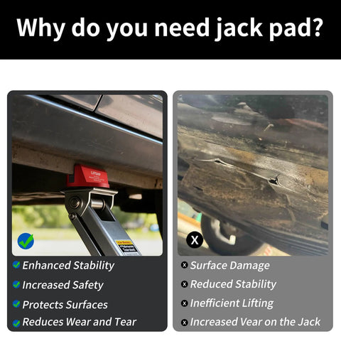 Red LIFSHP aluminum grooved magnetic jack pad on floor jack under car; image shows right-side undercarriage damage.