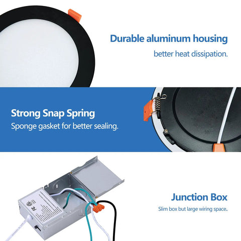 Features of 12 Pack Black Recessed Lights Canless 4 Inch Soffit Wafer Lighting With Junction Box Dimmable And 2700K 3000K 3500K 4000K 5000K Selectable 9W 120V IC Rated ETL, including durable aluminum housing, strong snap spring, and junction box.