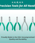 Five precision tools including Compound Action Wire Cutter With Stainless Steel Carbide Inserts, green anti-static grip, on display.