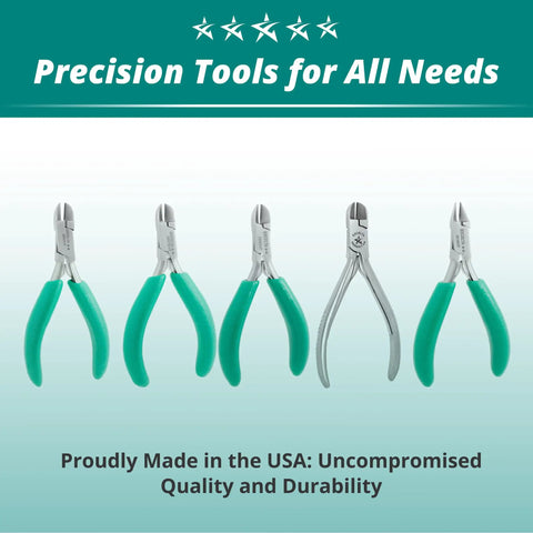 Five precision tools including Compound Action Wire Cutter With Stainless Steel Carbide Inserts, green anti-static grip, on display.