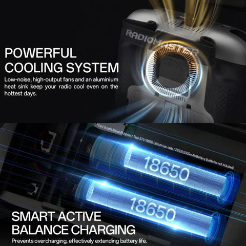 TX15 Pro 2.4GHz 16 Channel EdgeTX Radio Transmitter cooling system and battery charging details.
