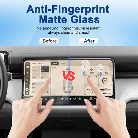 Top Tier Matte Tempered Glass Screen Protector For 2027 Rivian R2 Central Display demonstrating anti-fingerprint feature and touch accuracy.