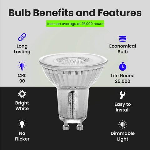 Image of Six Pack 4W LED MR16 GU10 Bulbs Dimmable With 35W Equivalent 3000K Warm White 300 Lumens highlighting features like no flicker, dimmable, and long-lasting life of 25,000 hours.