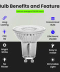 MR16 GU10 LED Bulbs 50W Equivalent Dimmable Warm White 3000K Spotlight showing benefits such as long-lasting and dimmable features.