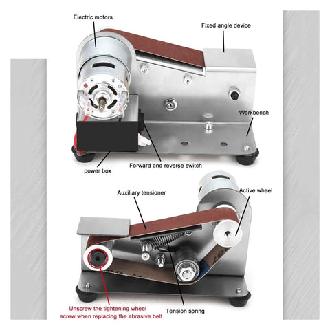 Image showing Mini Belt Sander And Grinder Machine Sharpener with labeled components like electric motors and workbench.
