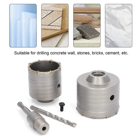 Heavy Duty 5 Piece Concrete Hole Saw Set With 65mm And 80mm Masonry Drill Bits For Brick, Stone Walls Built Tough From 45 Steel YG8 Alloy For Rock Solid Drilling Results On Jobsites Today, concrete hole saw bits and adapter