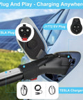 Tesla To J1772 Charging Adapter Connector, showing Tesla and J1772 EV plugs in charging port, designed for easy plug and play use.