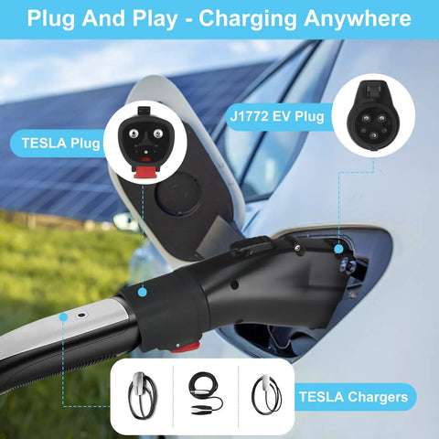 Tesla To J1772 Charging Adapter Connector, showing Tesla and J1772 EV plugs in charging port, designed for easy plug and play use.