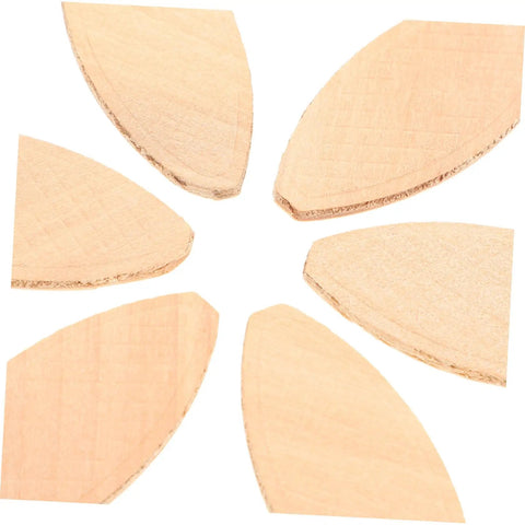 Close-up view of six Premium 100 Pack Beech Wood Joiner Biscuits for crafting and furniture assembly.