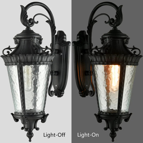 Dope Black Outdoor Wall Light Sconce With Rippled Water Glass Shade 21.6 Inch Tall Weatherproof Exterior Lantern, light-off and on