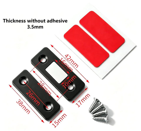 10 Pack Ultra Thin Large Magnet Cabinet Door Catches with screws and adhesive, 3.5 mm thick, detailed dimensions shown