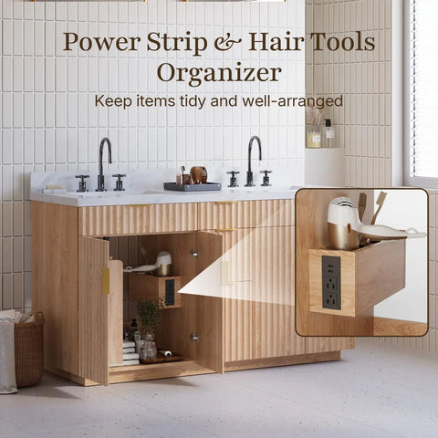 60 Inch Freestanding Double Sink Bathroom Vanity With White Quartz Countertop and Fluted Wood Finish featuring hair tools organizer.