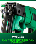 Close-up of 18 Volt Cordless Brushless 16 Gauge Finish Nailer Kit with slim nose for precision nail placement