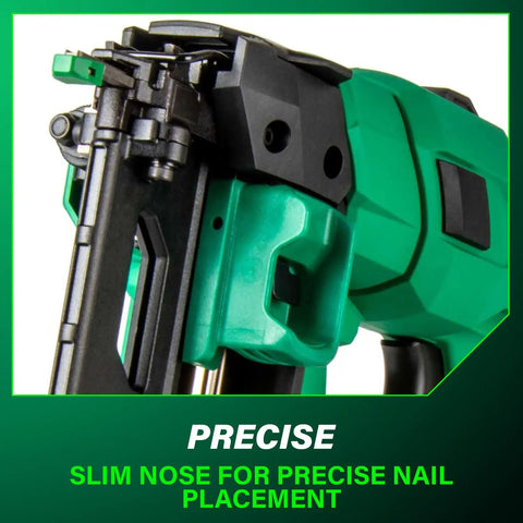 Close-up of 18 Volt Cordless Brushless 16 Gauge Finish Nailer Kit with slim nose for precision nail placement