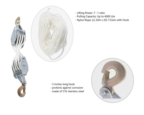 Heavy Duty Block And Tackle Pulley System for lifting heavy objects with 4000 lb breaking strength and 65 feet of three eighths inch rope