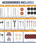 Accessory set for Cordless Rotary Tool Kit Mini 7.4V USB Rechargeable 12 Speed Power Drill with sanding, cutting, and polishing tools.