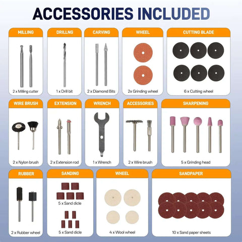 Accessory set for Cordless Rotary Tool Kit Mini 7.4V USB Rechargeable 12 Speed Power Drill with sanding, cutting, and polishing tools.