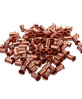 Copper crimp sleeve connectors for solid and stranded 10-18 AWG wire, pack of 100, shown in a pile