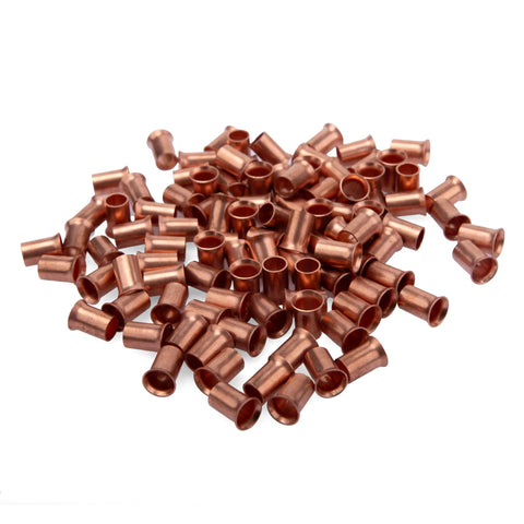 Copper crimp sleeve connectors for solid and stranded 10-18 AWG wire, pack of 100, shown in a pile