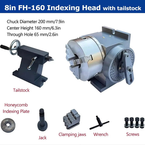 Premium 3 Jaw Chuck Indexing Head With Tailstock For Horizontal Or Vertical Use On Cnc Milling Machines with tailstock and accessories.