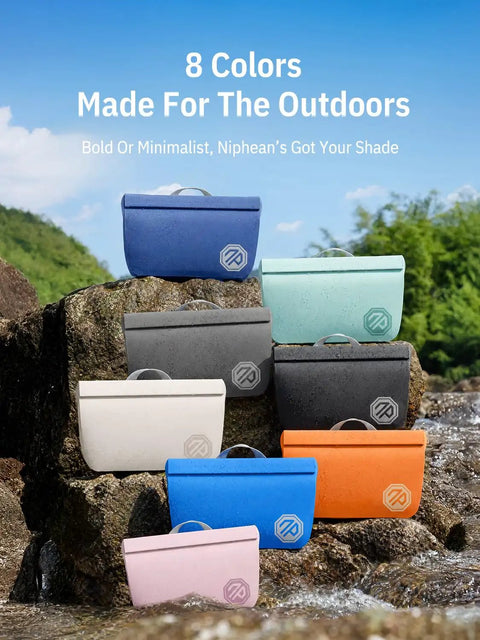 Eight IPX7 Waterproof Fanny Pack With Magnetic One Hand Closure Dry Bag For Kayaking And Paddleboarding in various colors outdoors.