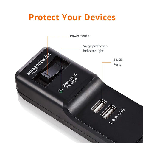Surge Protector Power Strip With 6 Outlets And 2 USB Ports, 1000 Joule Protection, 6 Foot Cord, Black, Plug And Play Ready All In One Outlet Hub For Home Office And Everyday Electronics