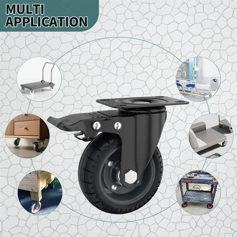 Rock Solid 4 Inch Premium Plate Caster Wheels Swivel With Brake, showcasing solid rubber tire and multi-application use.