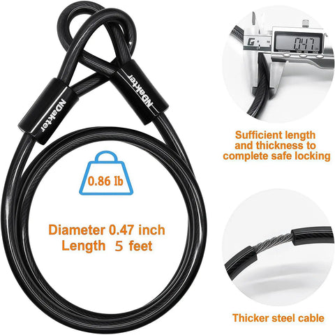 5 ft steel cable for Heavy Duty Bike U Lock With 4 Digit Resettable Combo, thickness 0.47 inch, 0.86 lb, anti-theft use