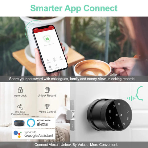 Smart Fingerprint Door Lock With Keypad And Card RFID Access shown with mobile app and smart home integration features.
