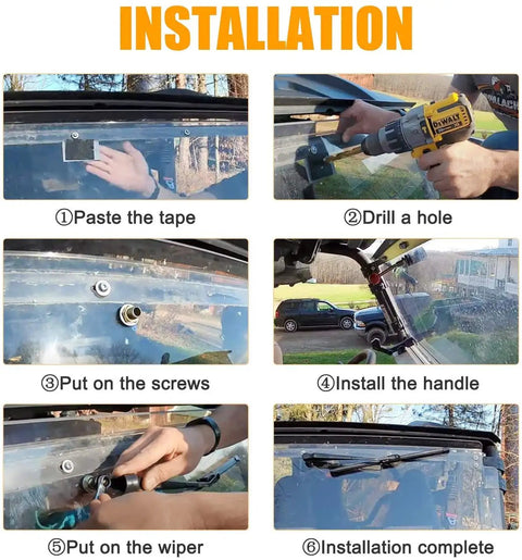 Installation steps for Universal Fifteen Point Six Inch UTV And Golf Cart Wiper Blade With Manual Arm Kit on vehicle windshields.