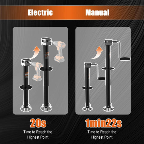 5000lb A-frame trailer jack with 30-inch lift; electric drill-powered left and manual crank right.