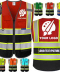 Snag This Dope Custom Logo Ansi Class 2 Hi Vis Mesh Safety Vest For Men Featuring Five Reflective Pockets Mic Clips And Crew Approved Grind Ready Rig front and back view