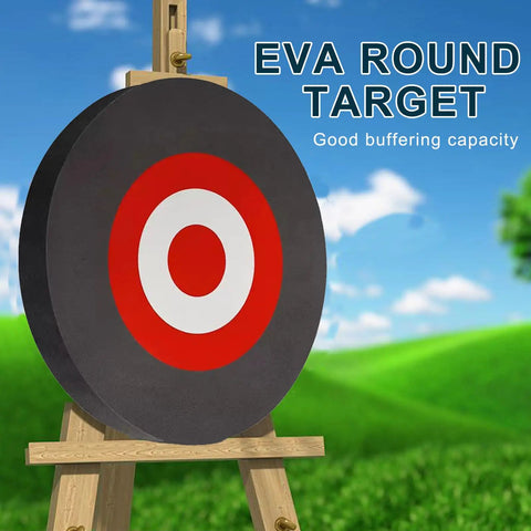 9 Inch Round EVA Foam Archery Target For Backyard Practice on wooden stand in outdoor setting