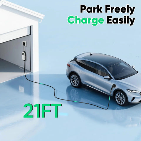 40 Amp Level 2 Ev Charger Home Charging Station With 240 V Nema 14 50 Plug Lcd Display 21 Ft Cord outdoors, charging EV.