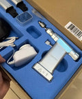 Veterinary Mini Bone Saw Built Different For Heavy Duty Orthopedic Drilling And Precision Oscillating Cuts Streamlined For Quick Surgery kit contents in blue foam.