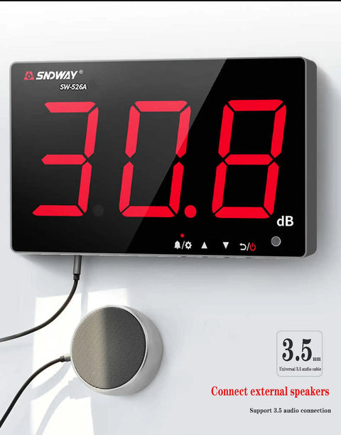 30 to 130 dB Sound Level Meter With 18 Inch LCD Display Wall Mount Alarm Noise Detector connected to external speaker