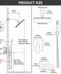 Diagram of All Metal 3 In 1 Rain Shower System With Square Rainfall Head, Waterfall Shower, Handheld Sprayer, wall dimensions shown