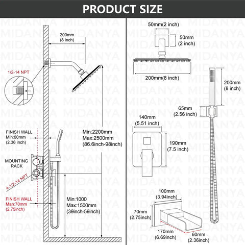 Diagram of All Metal 3 In 1 Rain Shower System With Square Rainfall Head, Waterfall Shower, Handheld Sprayer, wall dimensions shown